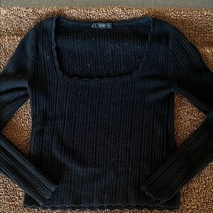J Crew 100% Merino Wool Black Ribbed Square Neck Long Sleeve Top